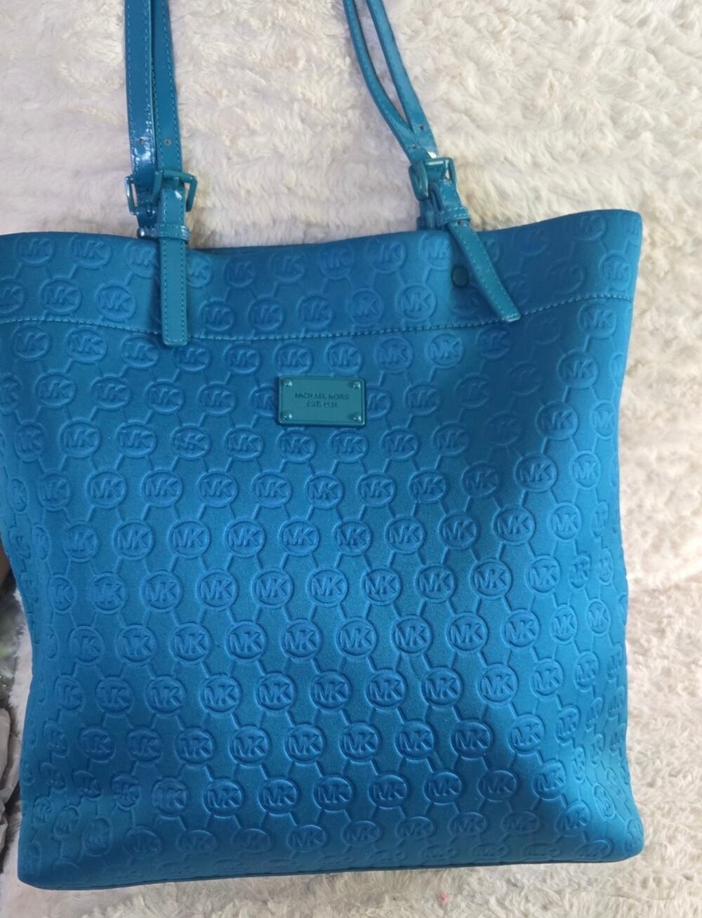 Michael Kors Turquoise Teal Embossed MK Logo Large Tote Patent Trim